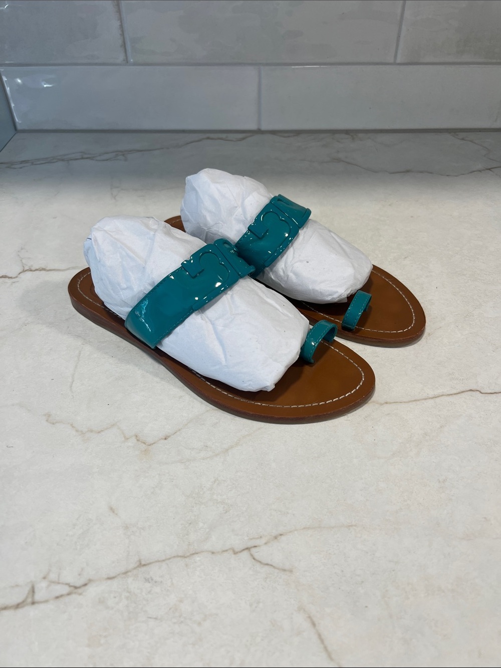 Tory Burch Teal Patent Leather Toe-Loop Slide Sandals